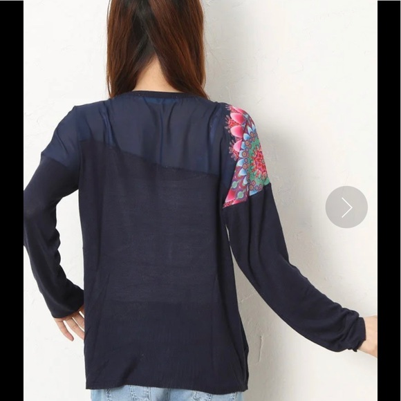 New! Desigual Beautiful navy with chiffon panel knit blouse s - Picture 4 of 14